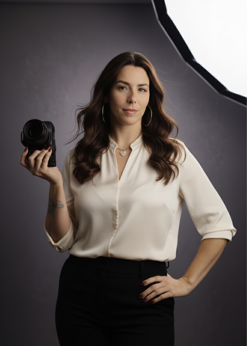 Self-portrait of Stephanie in her San Antonio studio, holding a Canon camera in one hand, against a soft grey backdrop with a softbox visible behind her.